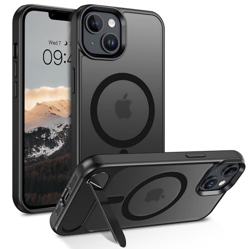 DOMAVER Magnetic for iPhone 13/14 Case with Stand, [Built-in Invisible Kickstand][Compatible with MagSafe] Slim Translucent Matte Shockproof Protective Phone Cover for iPhone 13/14 6.1”, Black
