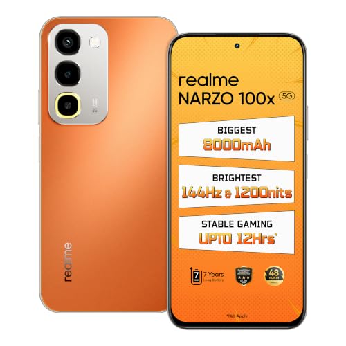 realme NARZO 100x 5G (Flash Orange,4GB+128GB) | Biggest 8000mAh Battery | 45W Fast Charge | 144Hz, 1200nits Bright Display | 7 Years Battery Health | Military-Grade Resistance | 48-Month Fluency