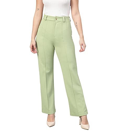 KOTTY Womens High Rise Viscose Rayon Solid Trousers Tea Green