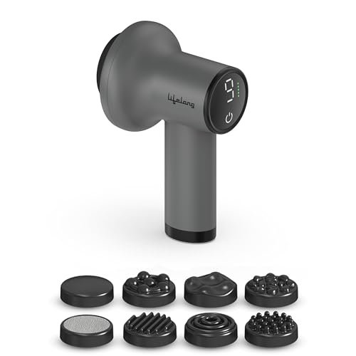 Lifelong Wireless Manipol Hand Massager|Percussion Massage|Handheld Therapy with Variable Intensity to Relieve Pain in The Back,Neck,Shoulders&Legs|LED Display|8 Detachable Head|4000mAh Battery,Grey