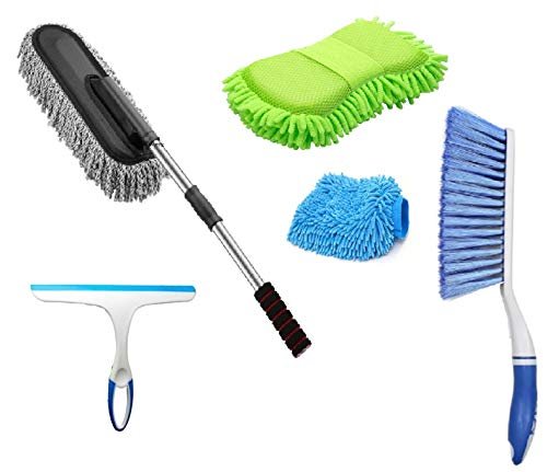 Winberg ® Car Cleaning Combo Pack Microfiber Duster Carpet Brush Washing Scurb Glass Wiper Microfibre Gloves Full Interior and Exterior Cleaning Kit – CarCLNG05