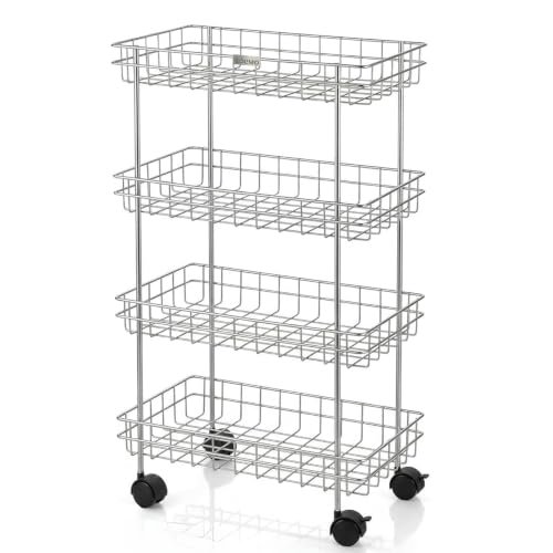 Amazon Brand – Solimo 4-Tier Ventilated Storage with Swivel Wheels| Multipurpose Storage Organizer for Kitchen, Bathroom & Laundry | High Quality Stainless Steel Trolly (Steel)
