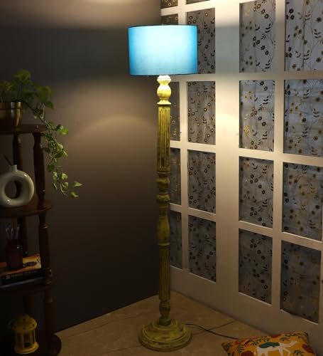 tu casa Mango Wooden Floor Lamps with Aqua Shade for Home Décor, Bedrooms Corner, Living Room, Gifting, Diwali Decoration, Hall, Office, Study Room (Height: – 56″) – Bulb not Included