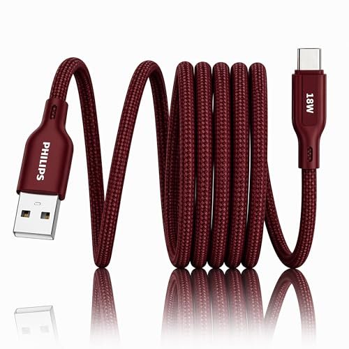 PHILIPS DLC4130AI/94 18W Type-A to Type-C Fast Charging Cable (1m, Iron Red) | Nylon Braided | Compatible with iPhone 15+ Series, USB-C iPad Models, Samsung Galaxy & All Type C Devices
