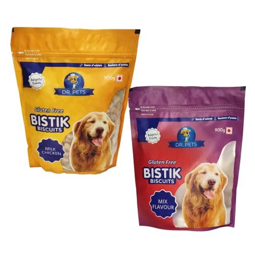 Dr. Pets Pack of 2 (900g Each) Bistik Dog Biscuits | Mix Flavour & Milk Chicken | Gluten Free Crunchy Dog Treats for Puppies & Adult Dogs | Healthy Training Snacks for All Breeds