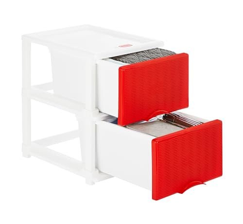 Amazon Brand – Solimo Premium Plastic Multipurpose Modular Drawer for Home and Office – Large (2 Racks, Red, Rattan Design)