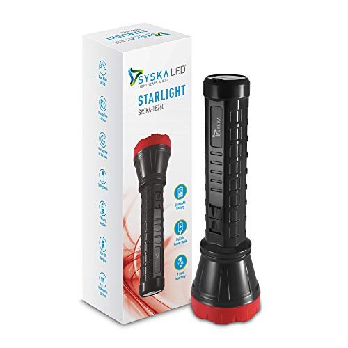 Syska Starlight 5W Micro USB Rechargeable Emergency Light with 2600mAh Built-in Power Bank (Black-Red)