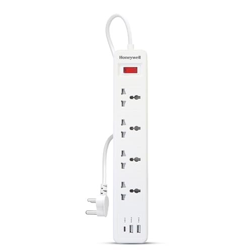 Honeywell 4 Outlet Extension Board with Master Switch, 6 Amps, 250V, 1xType C & 2xUSB, 4 International Sockets, Pure Copper, 6 Advanced Safety Features, 2 Mtr Power Cord, BIS Certified, 1 yr Warranty