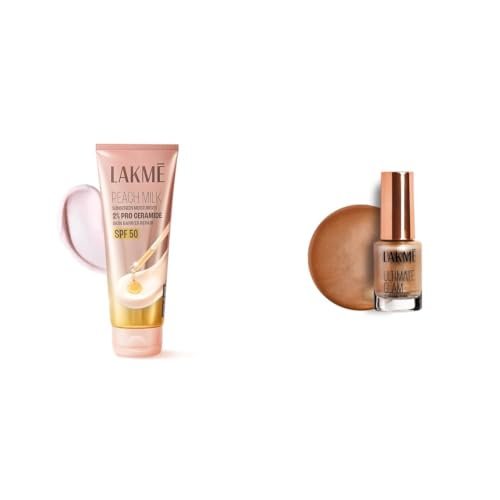 Lakme Peach Milk Sunscreen Moisturiser SPF 50 PA with 2% Pro-Ceramides Peptides LAKME Ultimate Glam Chrome Nail Paint, Rust 6ml