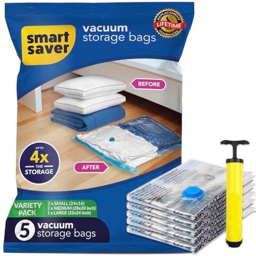 Smart Saver Vacuum Bags for Travel, Space Saver Bags 5 Pack (1 Large 2 Medium 2 Small) Compression Storage Bags for Clothes, Sealer Bags, Vaccine Sealed Airtight Packing Ziplock Bag with Hand Pump