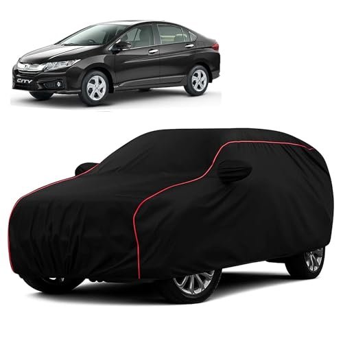 Sulfar 100% Water Resistant Car Body Cover Compatible with Mirror for Honda City i-VTEC (Triple Stitched, Full Bottom Elastic, Black with Red Piping)