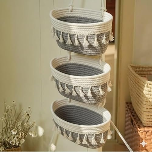 3 Tier Hanging Storage Basket Set – Cotton Rope Wall Hanging Organizer with Tassels | Multi-Purpose Decorative Storage for Kitchen, Bathroom, Bedroom | Space Saving (Grey & White, 3 Pieces