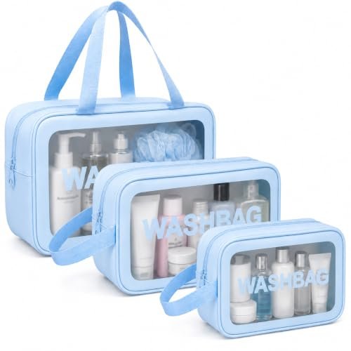 LUMONY® Makeup Pouch Bag PVC Travel Toiletries Organizer Cosmetic Bags Wash Bag Pouch for Travel Kit Toiletry Bag Portable Organizer Case Carry Pouch for Women Bathroom Set of 3 (Blue-Colors)