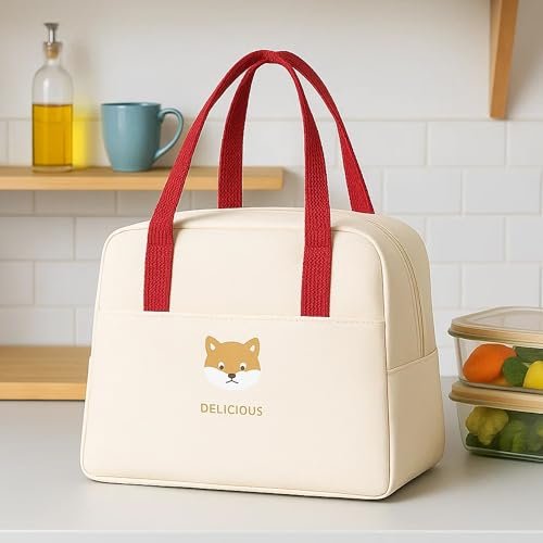GLUN® Insulated Travel Fabric Lunch Bag for Office, College or School, Beige & Maroon Handle Colour Multi-Purpose Lunch Box Carrying Bag Large Capacity with Cute Badge