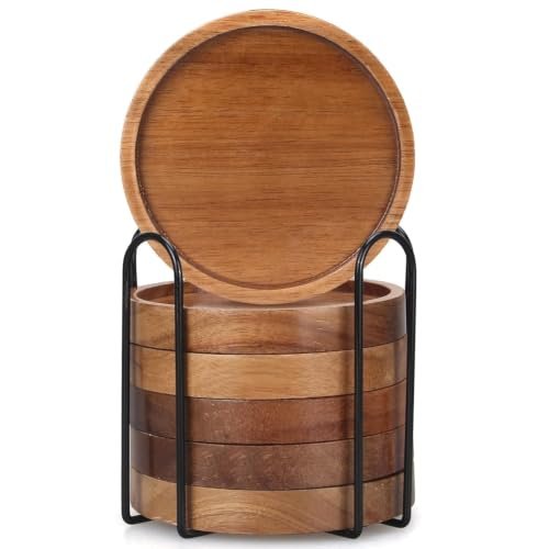 Wooden Trivet for Dining Table – Bamboo Heat Resistant Pad with Anti-Slip Grip Mats, Round Hot Pot Holder and Pan Stand for Kitchen Countertop Protection (Wood Coaster 6 pcs, Pack of 6)