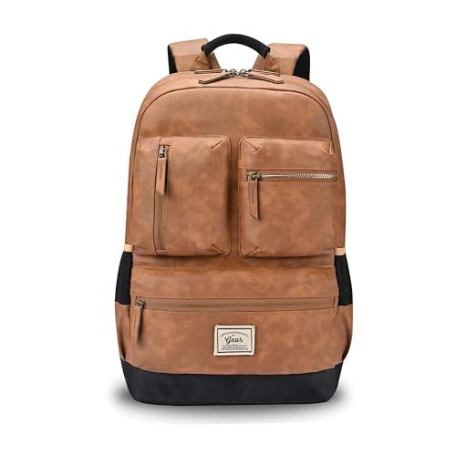 Gear Vintage Boxy 18″/26L Medium Faux Leather Water Resistant Laptop Backpack/Casual Bag/Daypack/College Backpack/Travel Backpack For Men/Women (Tan – Navy)