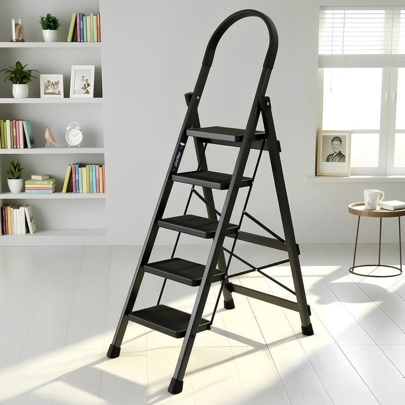 Plantex Anti-Skid Strong Foldable Wide 5 Step Ladder/Ladder for Home-(Apex -Black) Steel Ladder(With Platform)