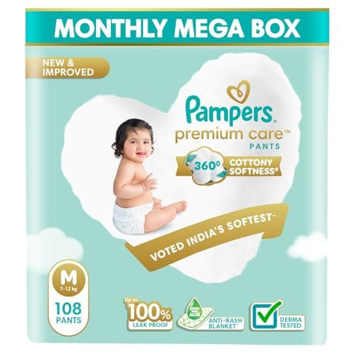 Pampers Premium Care Diaper | Pant Style Baby Diapers Medium Size, 108 Count | 360 Cotton Softness Diaper |Anti Rash Diaper with Aloe Vera and 100% Leak Proof Protection | (54 Count, Pack of 2)
