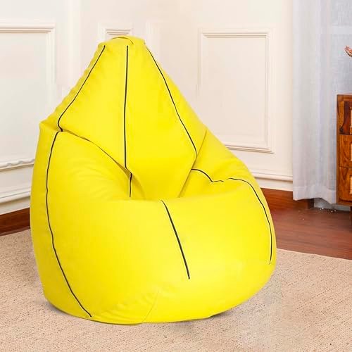 Sattva Classic Piping XXXL Bean Bag with Pocket Filled with Beans | Faux Leather Teardrop Bean Bag for Adults & Teens | Pre-Filled Comfortable Seating for Home, Bedroom – Yellow with Navy Blue Piping