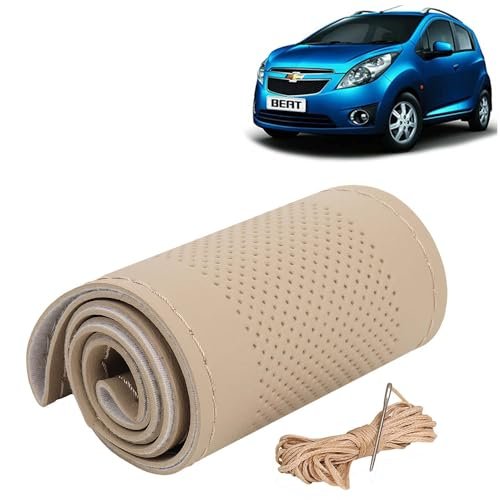 KINGSWAY® Car Steering Wheel Cover Sewable Compatible with Chevrolet Beat (Year 2009-2017), Top-Notch PU Leatherite, Beige Color with Beige Thread, Pack of 1 with Sewing Needle and Thread