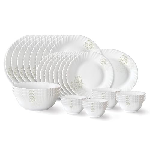 Larah by Borosil Ingot Fluted Series Opalware Dinner Set | 36 Pieces for Family of 8 | Microwave & Dishwasher Safe | Bone-Ash Free | Crockery Set for Dining & Gifting | Plates & Bowls | White