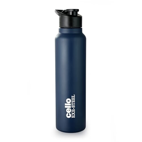 CELLO Crysta Flip Stainless Steel Water Bottle 1000 ml, Navy Blue | Single Wall Freezer & Fridge Safe Lightweight Leakproof Flip lid Spillproof Rust Resistant Steel Water Bottle for School Gym Office