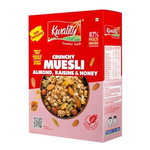 KWALITY Muesli Crunchy 400 G|76% Multi Grains with Almonds,Raisins & Honey|Natural Source of Vitamin & Iron|High in Protein & Fiber|Low Fat & Cholesterol-Free|Healthy Food & Breakfast Cereal