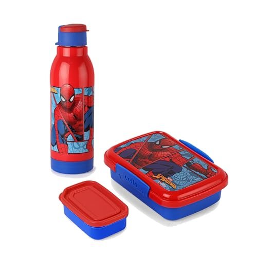 CELLO Lunch On Spiderman Design Kids Combo Set Blue | Inner Compartment Lunch Box with Insulated Water Bottle Leak Proof Airtight Lightweight 3D Print Tiffin Box Bottle Set for School Kids Boys Girls
