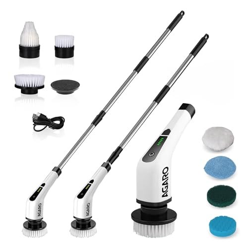 AGARO Royal Electric Spin Scrubber, Cleaning Brush Scrubber for Home, 400RPM/Min, 8 Replaceable Brush Heads, 90 Min Work Time, 3 Adjustable Size, 2 Adjustable Speeds, for Bathroom, Floor Tiles, White