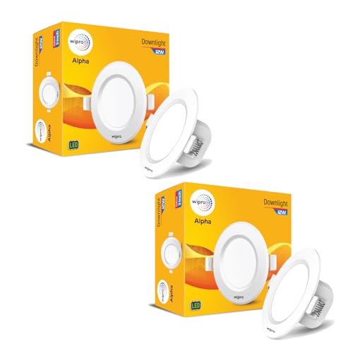 wipro Alpha 12W Round Downlight Junction Box | Cool Day White (6500K) | Glare-Free Design |Recessed Down Light for False Ceiling | Cutout – 3 Inch | Pack of 2