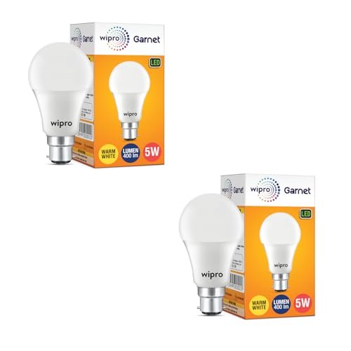 wipro Garnet 5W LED Bulb for Home & Office |Warm White (2700K) | B22 Base|220 degree Light coverage |4Kv Surge Protection |400V High Voltage Protection |Energy Efficient | Pack of 2