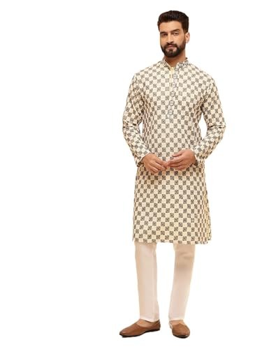 SOJANYA (Since 1958 Men’s Cotton Rayon Embroidered Sequinned Beige Kurta with White Pyjama