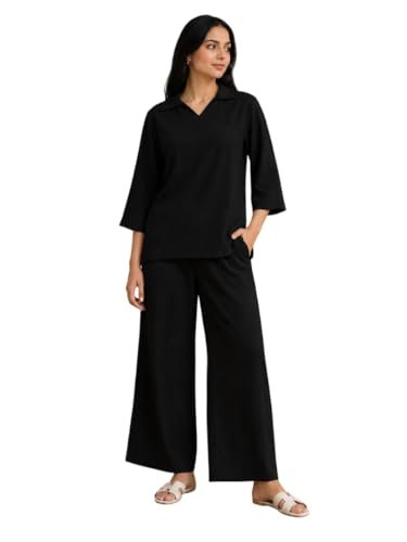 NIVABRITY Women’s Co Ord Set for Women – Relaxed Fit Collared Top with 3/4 Sleeves & Wide Leg Palazzo Pants, Casual Lounge Wear Matching Outfit for Daily Wear, Travel & Office (Women, Black, S)