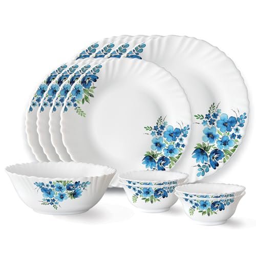 Larah by Borosil Pansy Fluted Series Opalware Dinner Set | 13 Pieces for Family of 4 | Microwave & Dishwasher Safe | Bone-Ash Free | Crockery Set for Dining & Gifting | Plates & Bowls | White