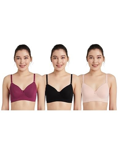 Amazon Brand – Symbol Women’s Cotton Stretch Padded Wire Free Medium Coverage T-Shirt Bra (Pack of 3) (BRA-13 Cont_Blck-Blush-Wine_34B)