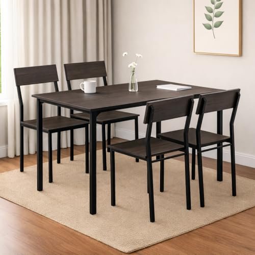 FORECRAFTS Dining Table Set of 4, 4 Seater Dining Table with Chairs, Engineered Wood Top & Metal Frame, Space Saving Compact Rectangular Dining Table for Home & Kitchen (Dark Maple- DIY)