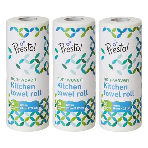 Amazon Brand – Presto! Non-Woven Reusable Kitchen Towel Roll | 50 Pulls | 150 Sheets (Pack of 3) | Size: 20 x 22 cm | White | Washable | Highly Absorbent | For Daily Use