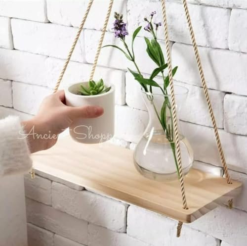 ANCIENT SHOPPEE Wood Wall Hanging Shelf, Well-Finished Swing Rope Shelf for Home/Office Decor, White Pine (15X4.5 In)