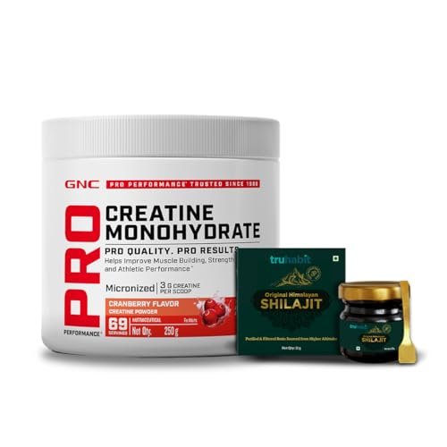 GNC Pro Performance Pure Micronized Creatine Monohydrate with Free Shilajit|250 gm & 10 gm Shilajit|Instantized|Fuels Muscles|Increase Muscle Mass|Rapid Absorption|Cranberry,powder,2 count,69 Servings