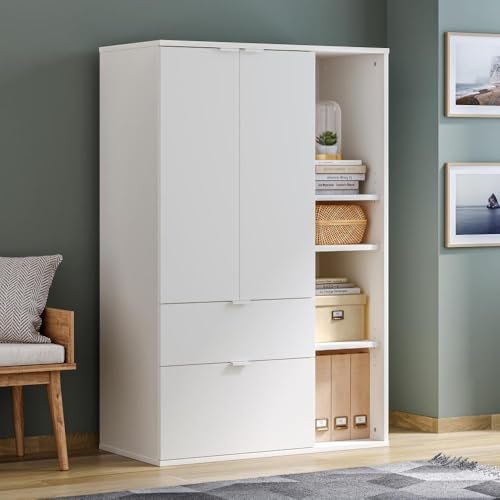 Wakefit Engineered Wood Cabinet | 1 Year Warranty | Storage Cabinet for Home Kitchen Living Room | 1 Closed Compartment, 2 Drawers & 4 Open Shelves | Pattens – Frosty White