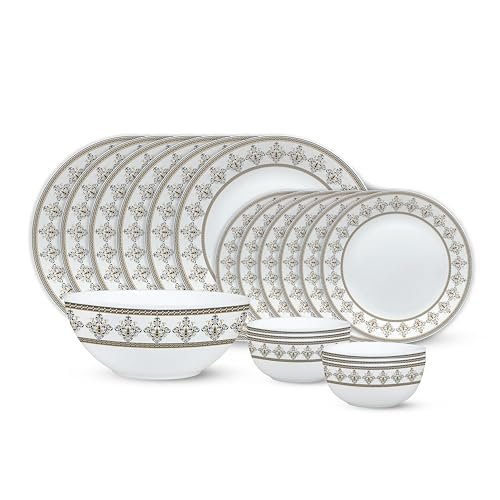 Larah by Borosil Syrah Kohinoor Series Opalware Dinner Set | 19 Pcs for Family of 6 | Microwave & Dishwasher Safe | Bone-Ash Free | Crockery Set for Dining & Gifting | Plates & Bowls | White