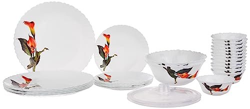 Larah by Borosil Stargazer Fluted Series Opalware Dinner Set | 28 Pieces for Family of 6 | Microwave & Dishwasher Safe | Bone-Ash Free | Crockery Set for Dining & Gifting | Plates & Bowls | White