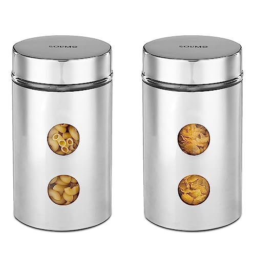Amazon Brand – Solimo Drip Window Steel Jacketed Glass Jars | Set of 2 | Multipurpose Kitchen Organizer with See-Through Window | 1200 ml | Silver