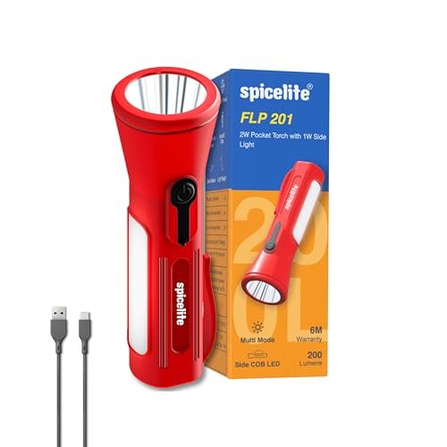 Spicelite FLP 201 LED Torch | 6 Hours Runtime | USB-C Rechargeable Flashlights | Dual Light with SOS Mode | 200 Lumens with 500m Beam | Multicolour
