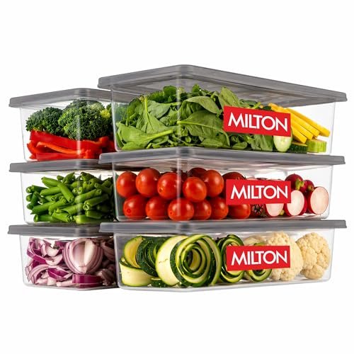 MILTON Cryo Fridge Storage Boxes Set of 6 Fridge Organizer Container with Waterproof Vinyl Stickers & Removable Drain Plate, Lid|Stackable Box, Plastic Containers 1500 ml|Fish, Vegetables, Fruits|Grey