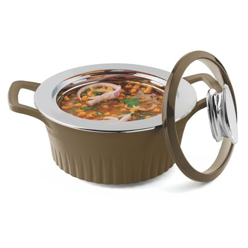 SignoraWare Master Lock BPA Free Plastic Casserole | Inner Stainless Steel With Borosilicate Glass Lid | Perfect for Home, Kitchen & Gifting | Ideal for Storing & Serving Hot Meals (2 Ltr | Brown)