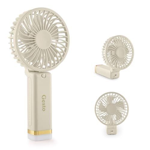 Gesto Portable Fan Rechargeable with LED Light – Foldable Mini Fan, Small Fan,USB Charging Hand Fan with 1200mAh Battery & 3 Speed Modes | Travel, Makeup, Kitchen,Women’s Personal Pankhaa – White