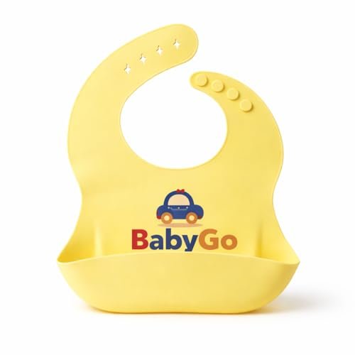 BabyGo Silicone Bib for Feeding & Weaning | Adjustable Neckline with Buttons | BPA Free | Waterproof | Washable & Reusable | 0-24 Months | Soft, Mess Proof Baby Feeding Bib | Yellow | Pack Of 1