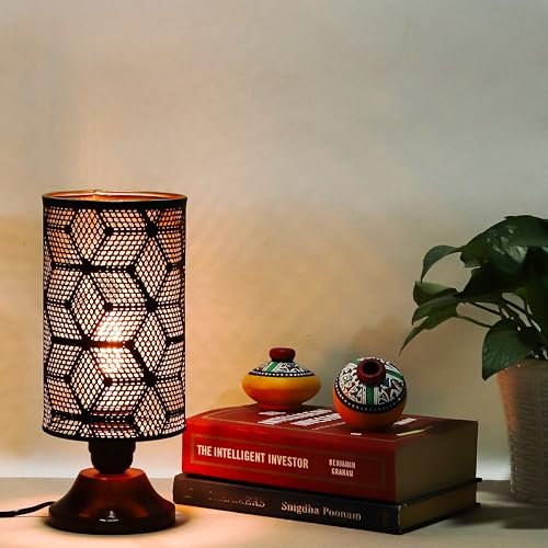 Lexton Moroccan Style Hand-Etched Iron Made Bedside Table lamp | Black Metal Round Frame, E27 Bulb Holder, Wooden Stand, Corded | Suitable for Home Decoration Office (Pack of 1, Bulb Not Included)