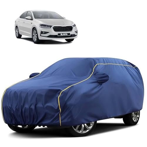 Sulfar 100% Water Resistant Car Body Cover Compatible with Mirror for Skoda Slavia (Triple Stitched, Full Bottom Elastic, Blue Tafetta with Yellow Piping)